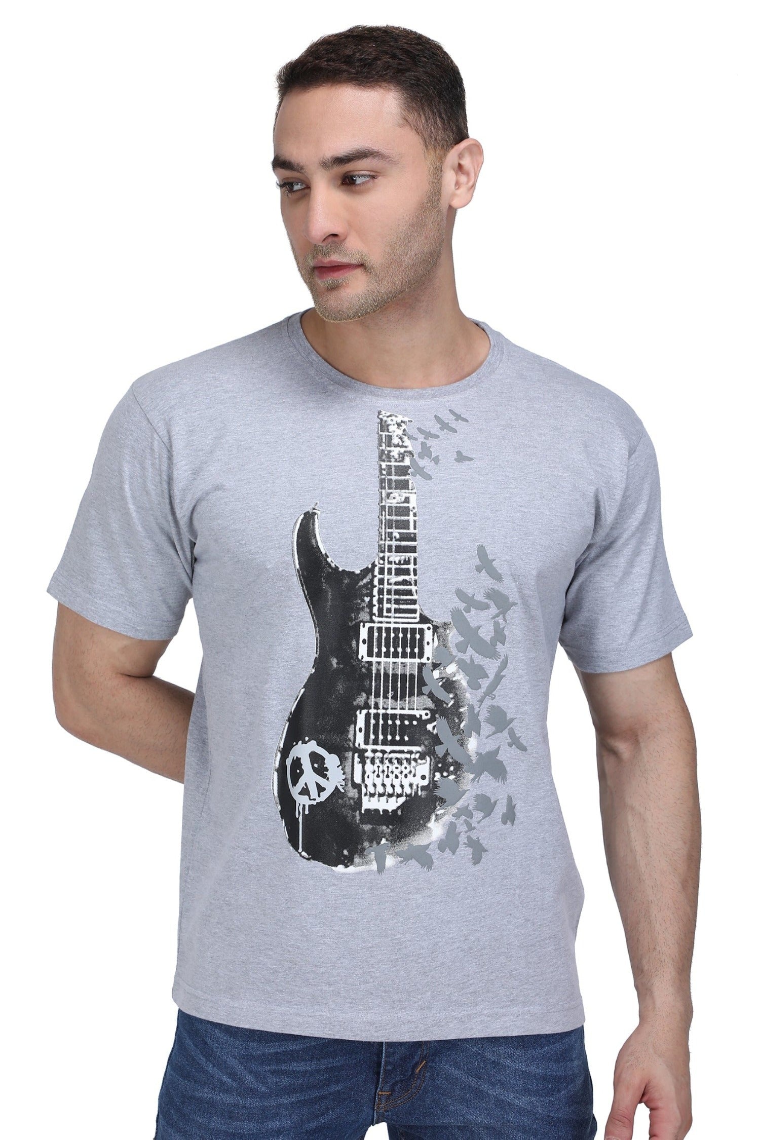 Men s Cotton Round Neck Half Sleeve T Shirt GUITAR size from