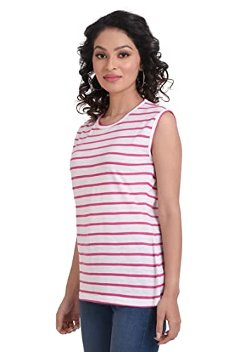 NEO GARMENTS Women's Multi-colored Sleeveless Cotton Round Neck Stripe T-shirt - | SIZE FROM S-32" TO 3XL-42"