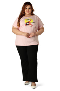 Women Printed, Graphic Print Round Neck Pure Cotton Pink T-Shirt | SIZE FROM 3XL-42" - 8XL-52"