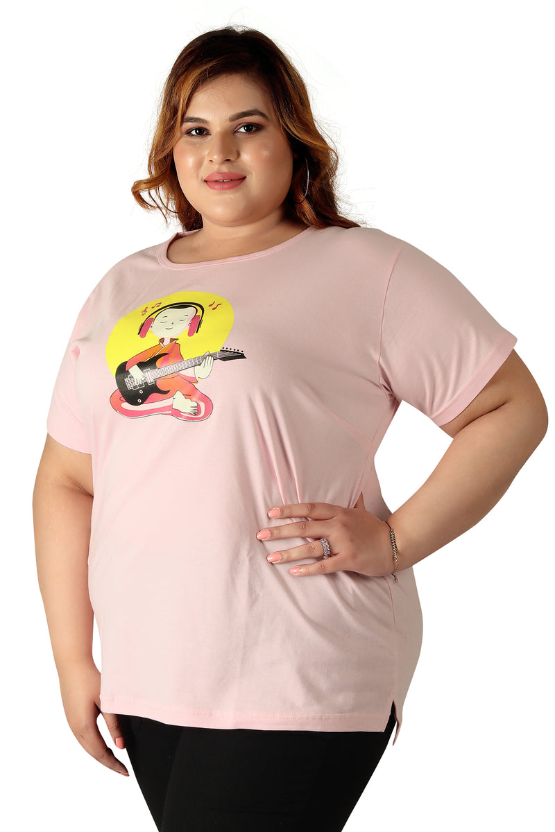 Women Printed, Graphic Print Round Neck Pure Cotton Pink T-Shirt | SIZE FROM 3XL-42" - 8XL-52"