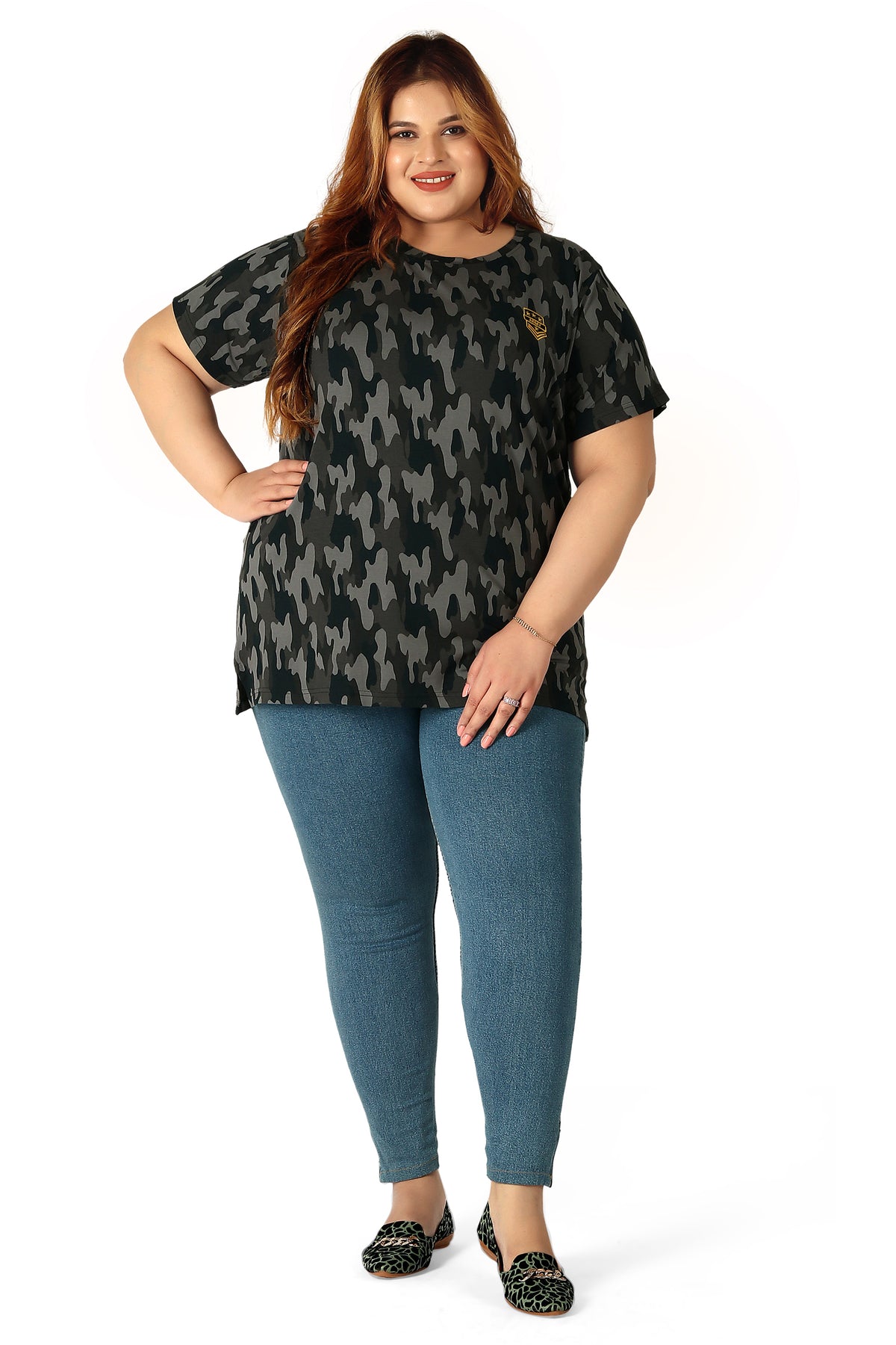 Women's Cotton Round Neck PLUS size T-shirt -Camouflage-Grey. | SIZE FROM 3XL-42" - 8XL-52"