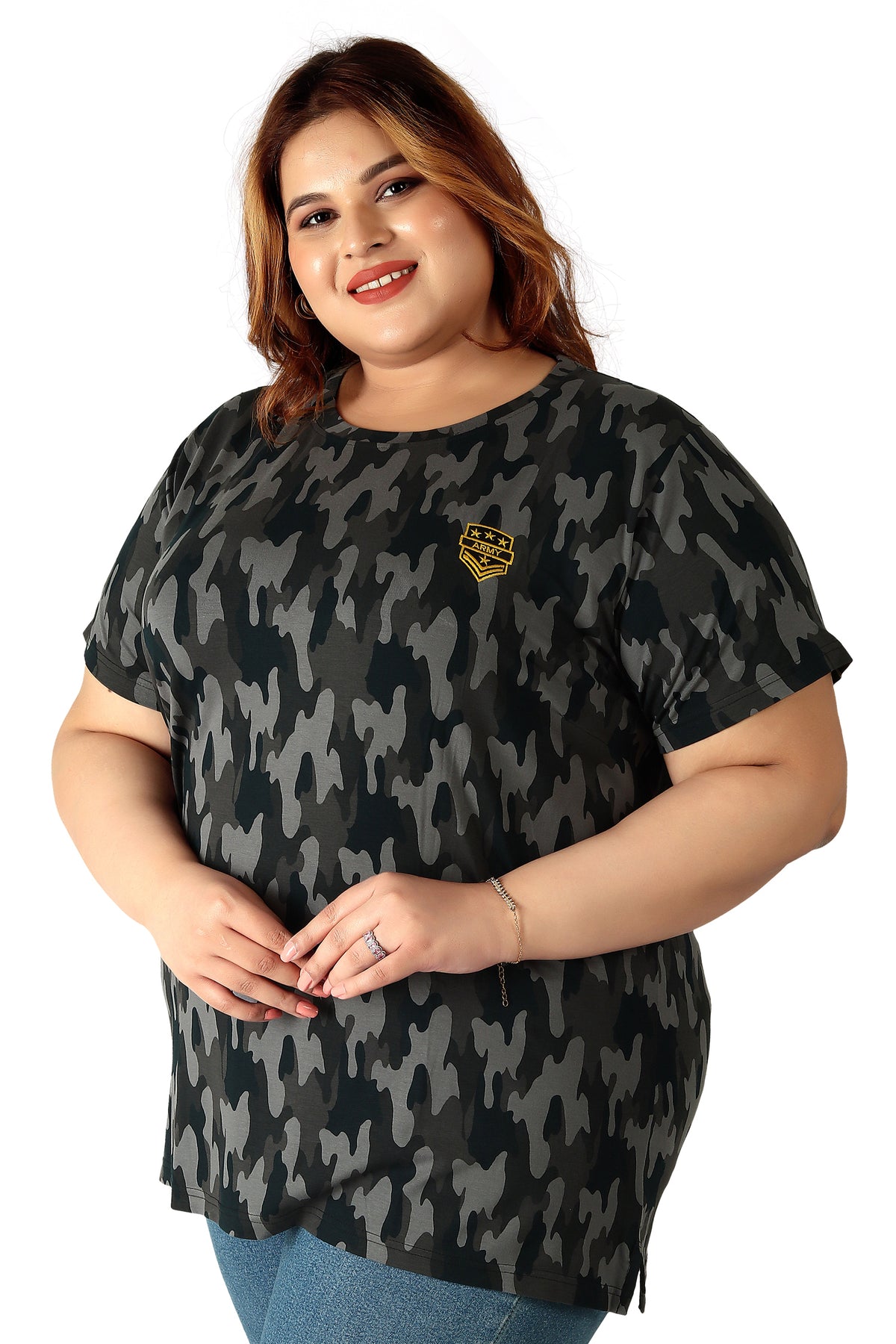 Women's Cotton Round Neck PLUS size T-shirt -Camouflage-Grey. | SIZE FROM 3XL-42" - 8XL-52"