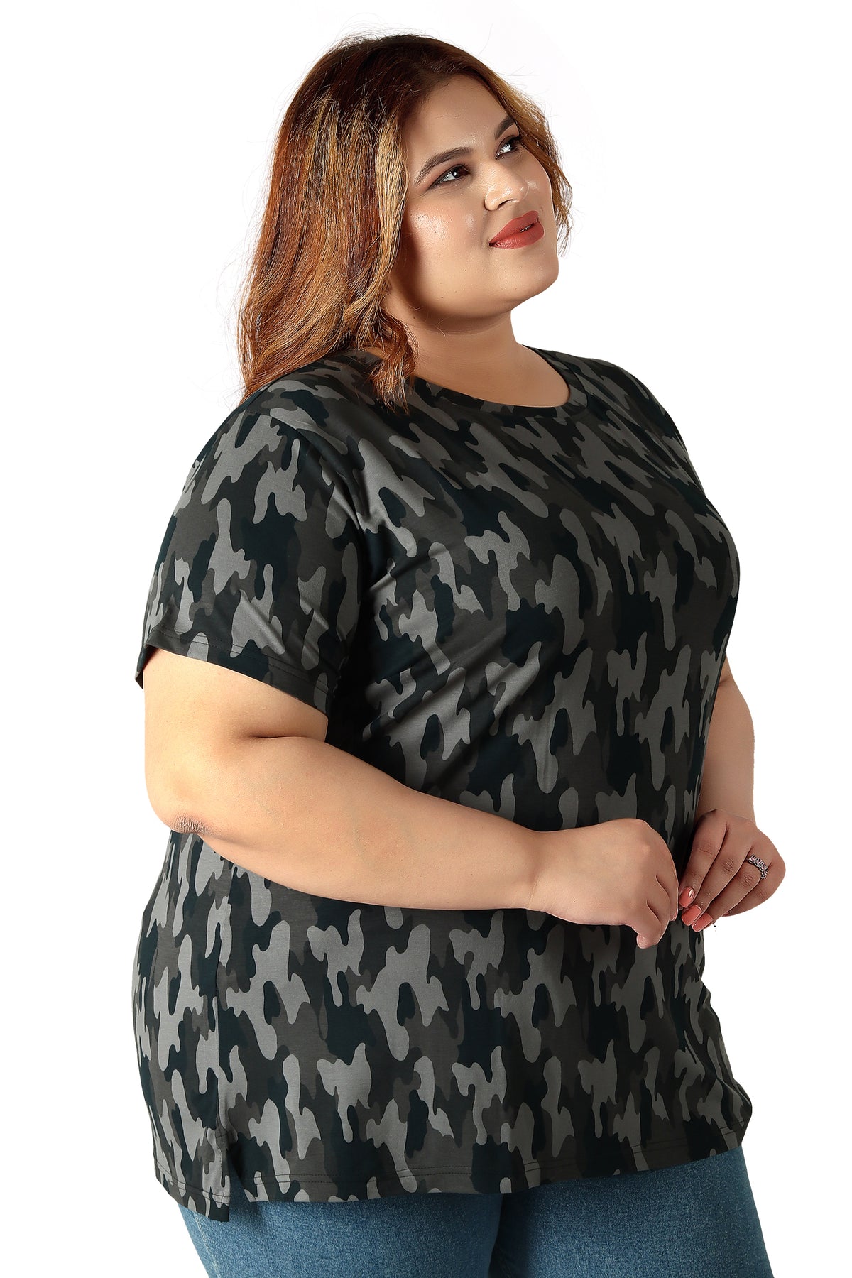 Women's Cotton Round Neck PLUS size T-shirt -Camouflage-Grey. | SIZE FROM 3XL-42" - 8XL-52"