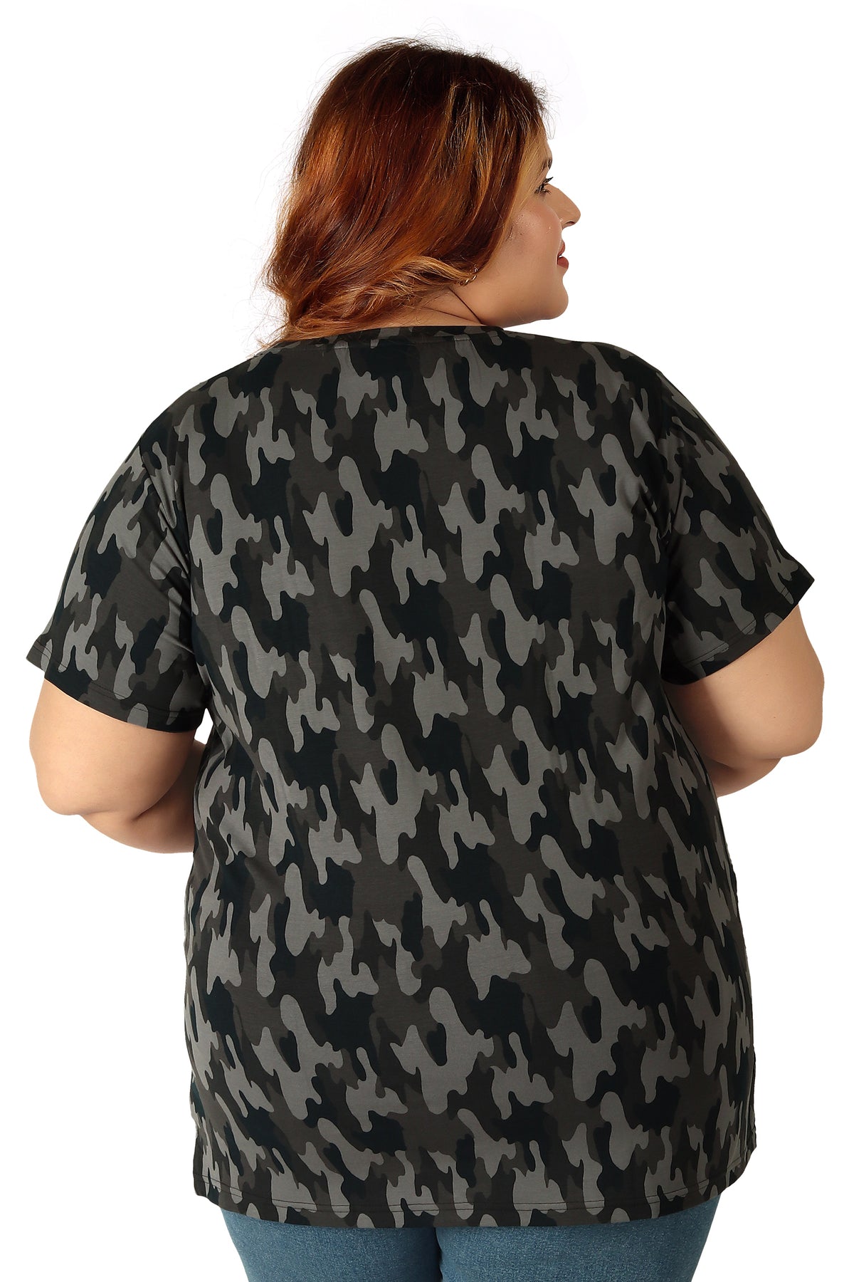 Women's Cotton Round Neck PLUS size T-shirt -Camouflage-Grey. | SIZE FROM 3XL-42" - 8XL-52"