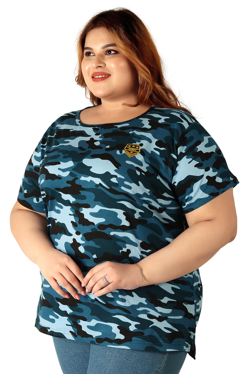 NEO GARMENTS Women's Cotton Round Neck PLUS size T-shirt -Camouflage-BLUE. | SIZE FROM 3XL-42" - 8XL-52"