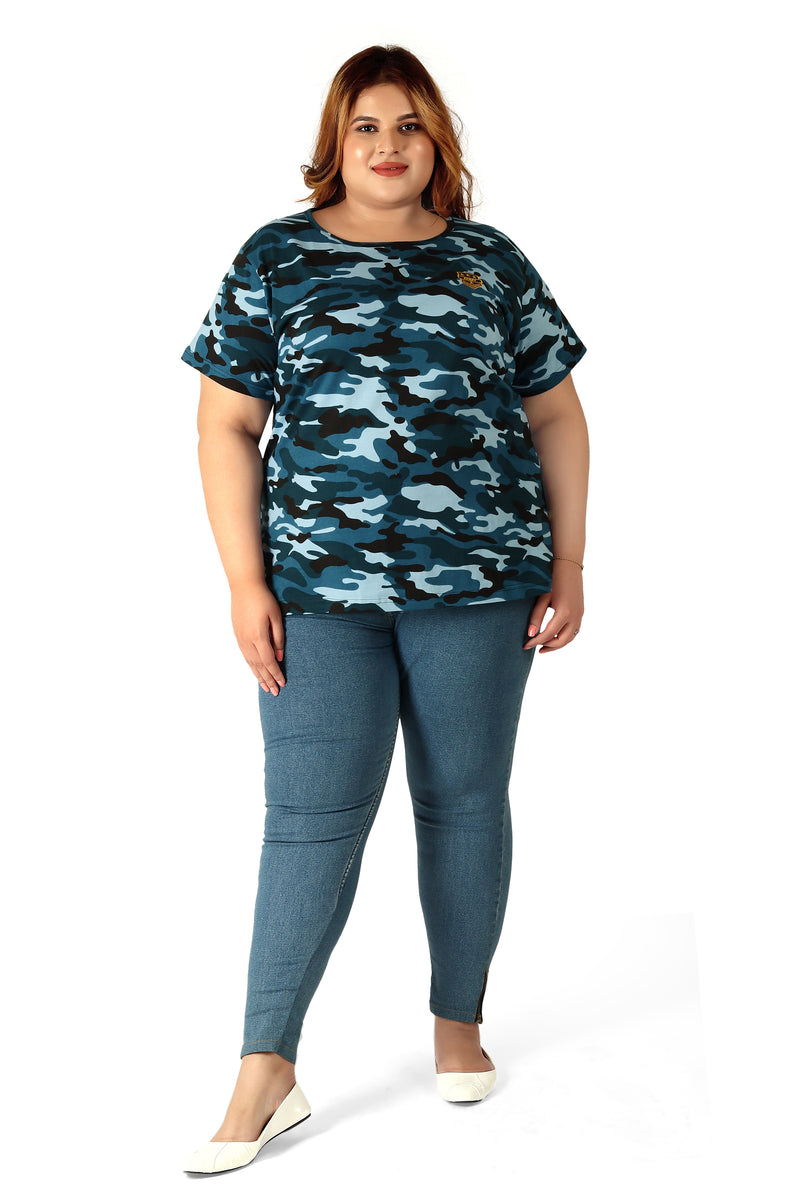 NEO GARMENTS Women's Cotton Round Neck PLUS size T-shirt -Camouflage-BLUE. | SIZE FROM 3XL-42" - 8XL-52"