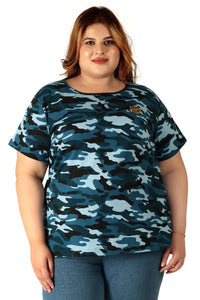 NEO GARMENTS Women's Cotton Round Neck PLUS size T-shirt -Camouflage-BLUE. | SIZE FROM 3XL-42" - 8XL-52"