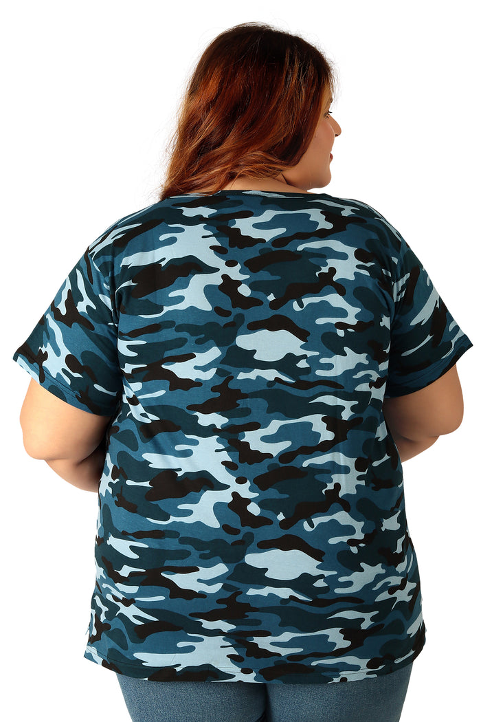 NEO GARMENTS Women's Cotton Round Neck PLUS size T-shirt -Camouflage-BLUE. | SIZE FROM 3XL-42" - 8XL-52"