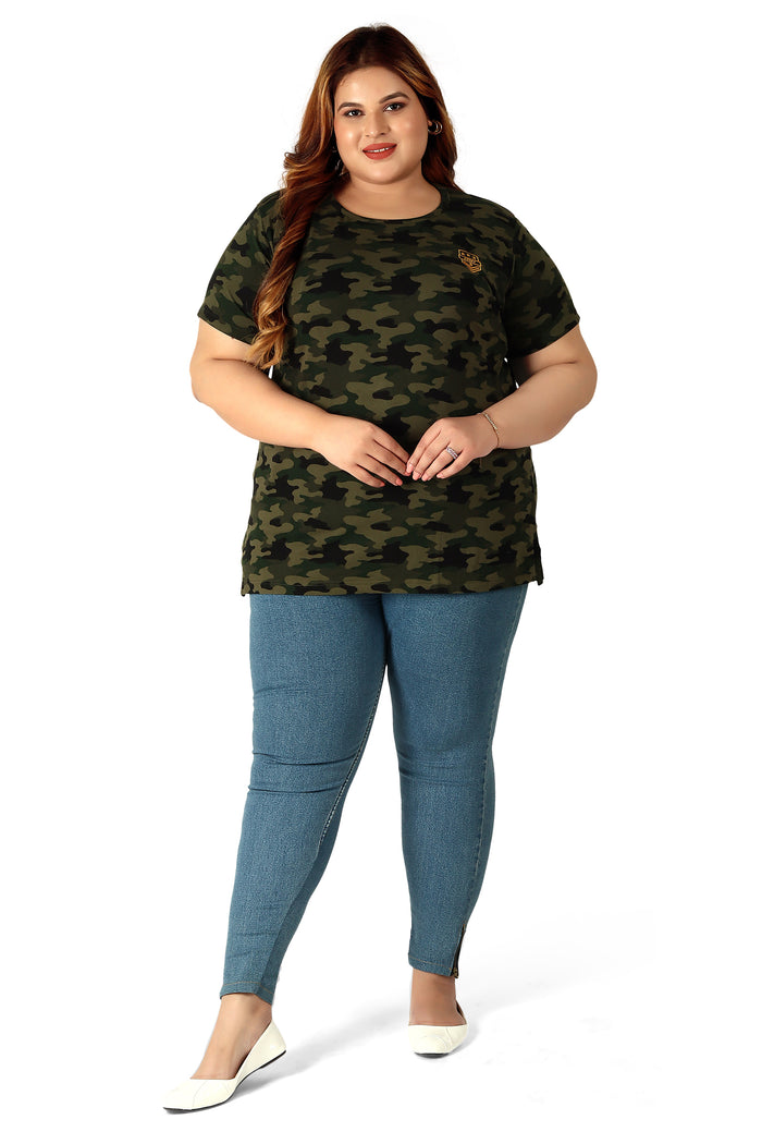 Women's Cotton Round Neck PLUS size T-shirt -Camouflage-Green. | SIZE FROM 3XL-42" - 8XL-52"