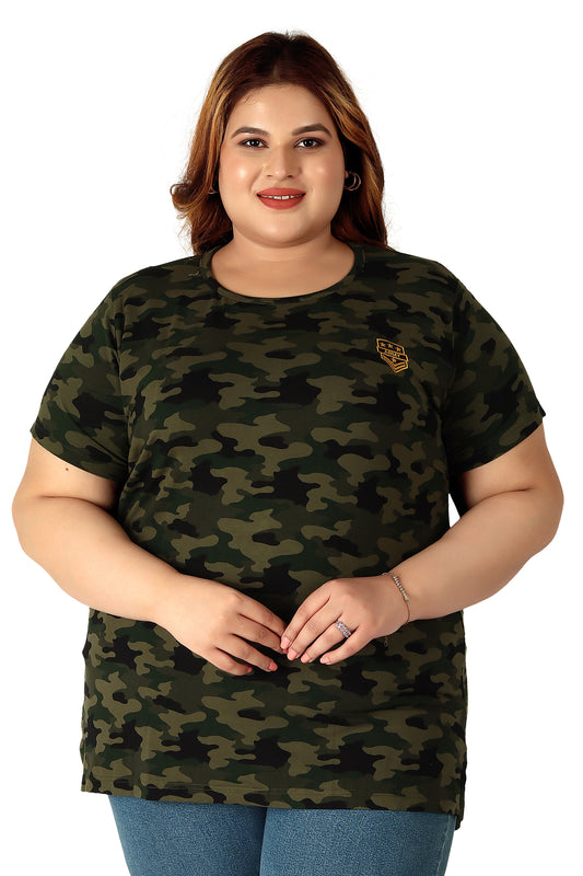 NEO GARMENTS Women's Cotton Round Neck PLUS size T-shirt -Camouflage-Green. | SIZE FROM 3XL-42" - 8XL-52"