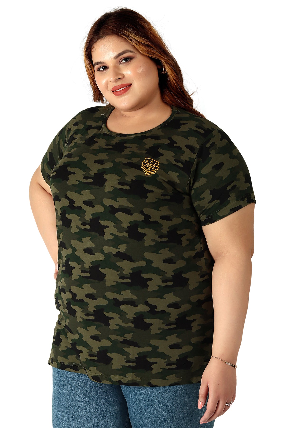 Women's Cotton Round Neck PLUS size T-shirt -Camouflage-Green. | SIZE FROM 3XL-42" - 8XL-52"