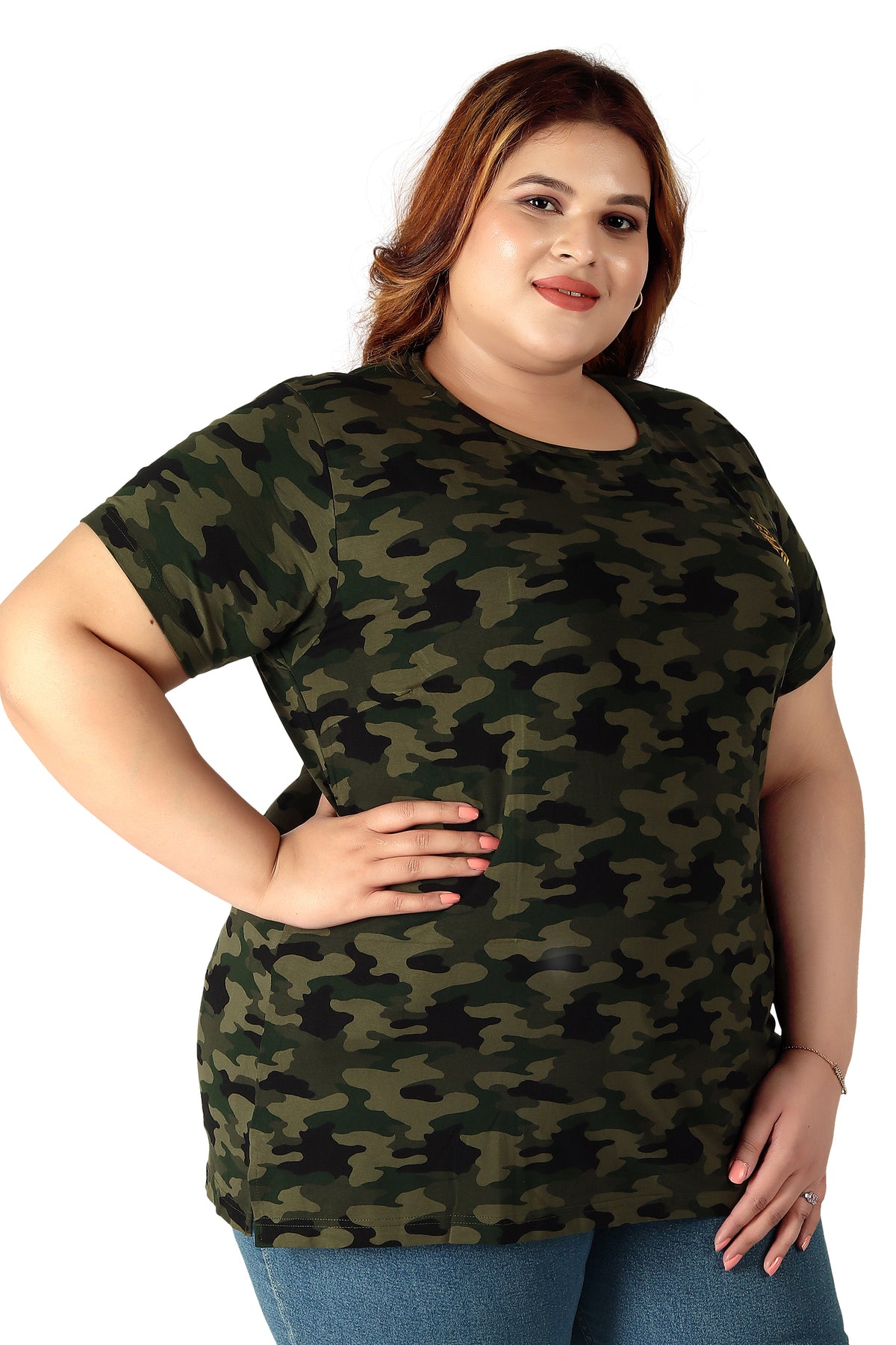 Women's Cotton Round Neck PLUS size T-shirt -Camouflage-Green. | SIZE FROM 3XL-42" - 8XL-52"