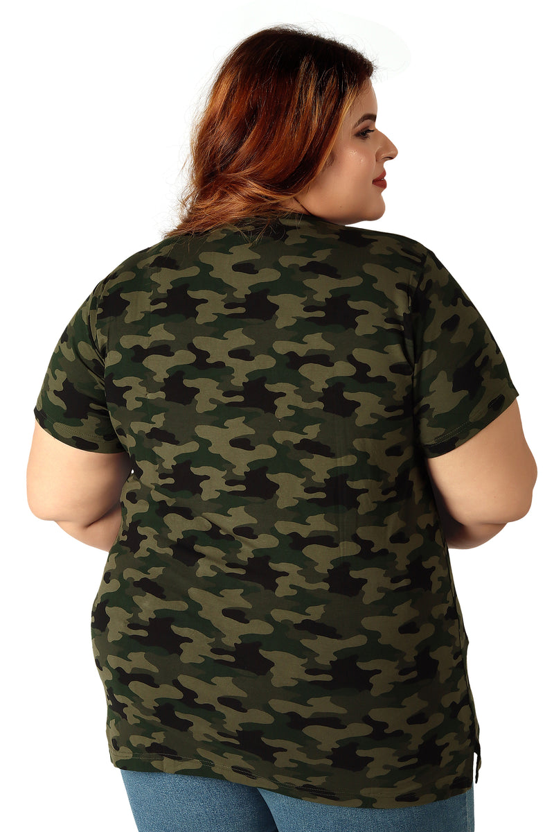 Women's Cotton Round Neck PLUS size T-shirt -Camouflage-Green. | SIZE FROM 3XL-42" - 8XL-52"