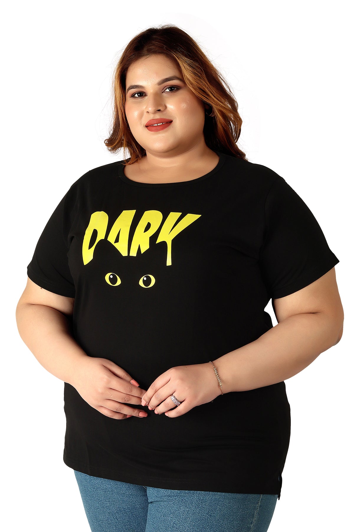 Women Printed, Solid, Graphic Print, Round Neck Pure Cotton Black, Yellow T-Shirt | SIZE FROM 3XL-42" - 8XL-52"