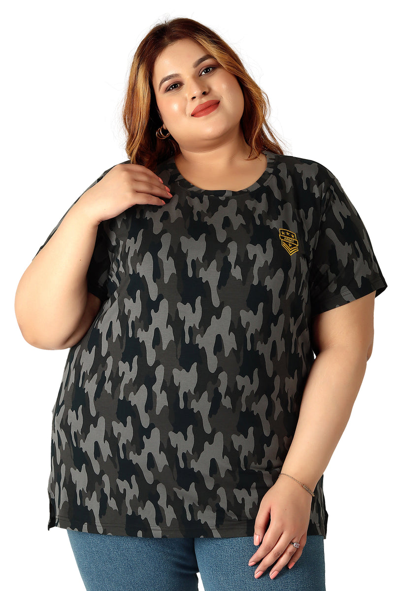 Women's Cotton Round Neck PLUS size T-shirt -Camouflage-Grey. | SIZE FROM 3XL-42" - 8XL-52"