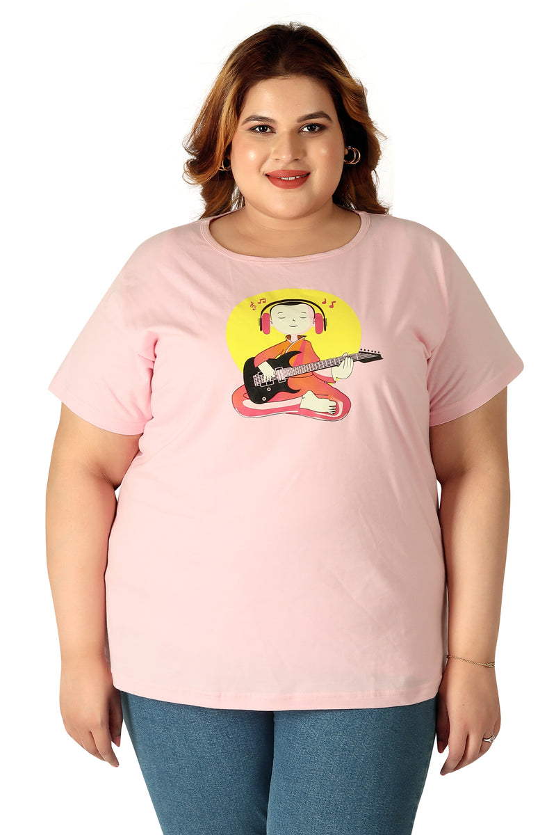 Women Printed, Graphic Print Round Neck Pure Cotton Pink T-Shirt | SIZE FROM 3XL-42" - 8XL-52"