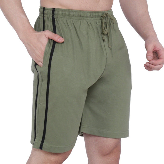 Men’s Cotton Long Shorts. (stripe) | OLIVE GREEN , frony view