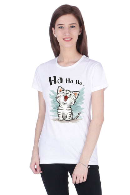 Women's Cotton Round Neck T-shirt - CAT HA HA HA , front view