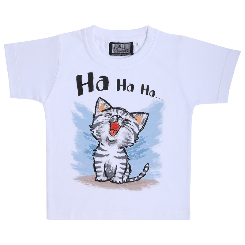 NEO GARMENTS Kids Unisex Round Neck Printed Cotton T-shirt - CAT Ha Ha Ha | SIZE FROM 1 YRS TO 7 YRS.