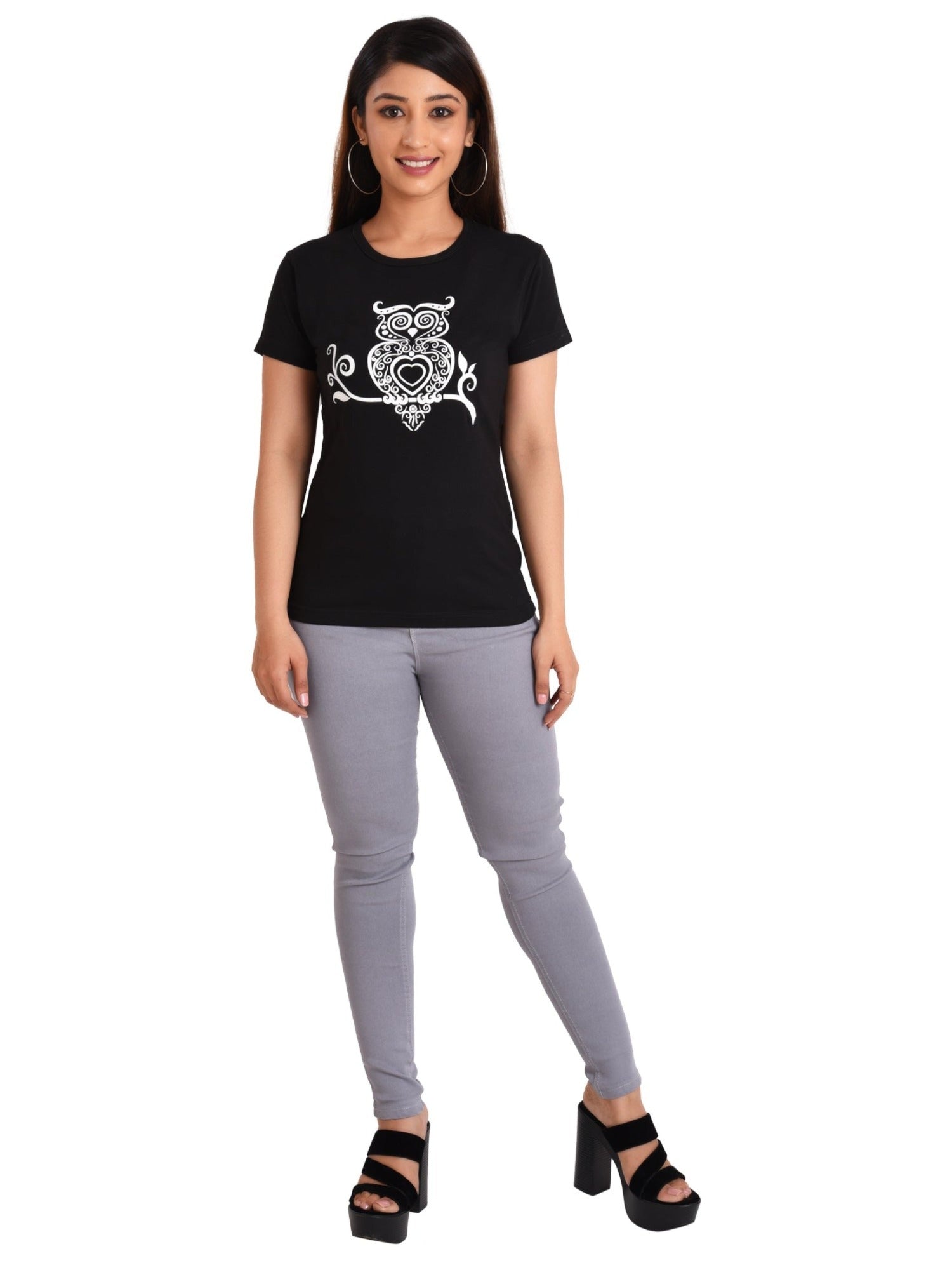 Women's Cotton Round Neck PLUS size T-shirt - OWL , front view