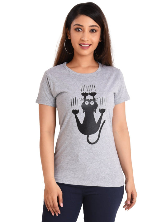 Women's Cotton Round Neck PLUS size T-shirt - SCRATCHING CAT , front view