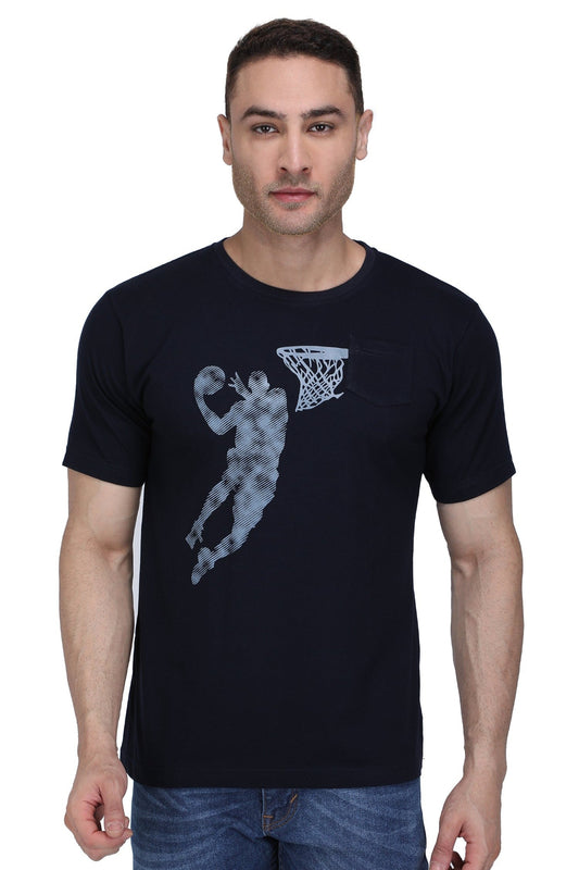 Men's Cotton Round Neck Half Sleeve T-Shirt with basket ball print , front view