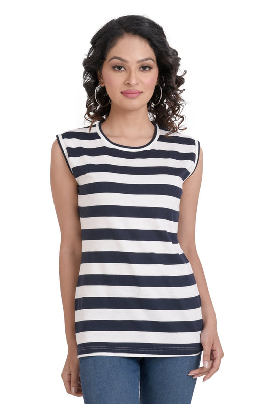 Women's Multi-colored Sleeveless Cotton Round Neck Stripe T-shirt , front view