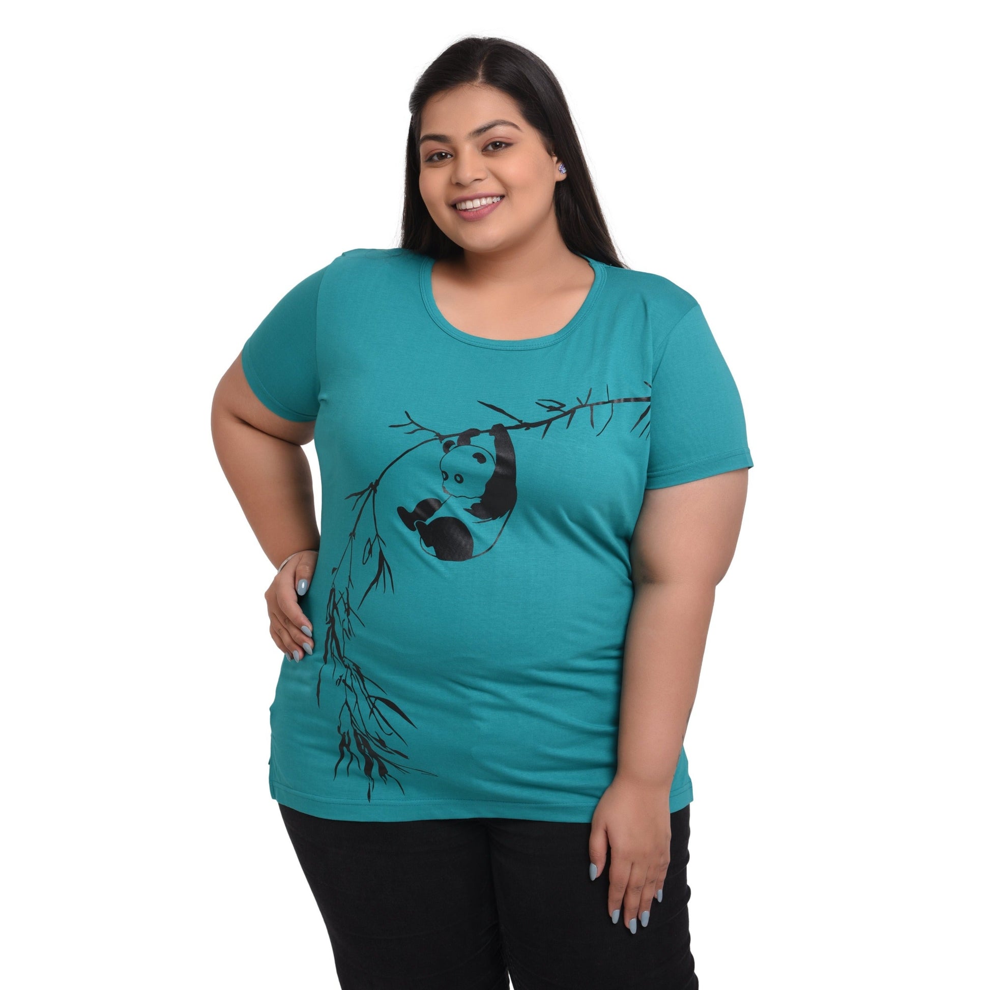Women Cotton Round Neck Plus Size T-shirt | HANGING PANDA , front view