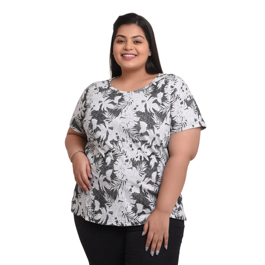 Women Cotton Round Neck Plus Size All Over Print T-shirt , front view
