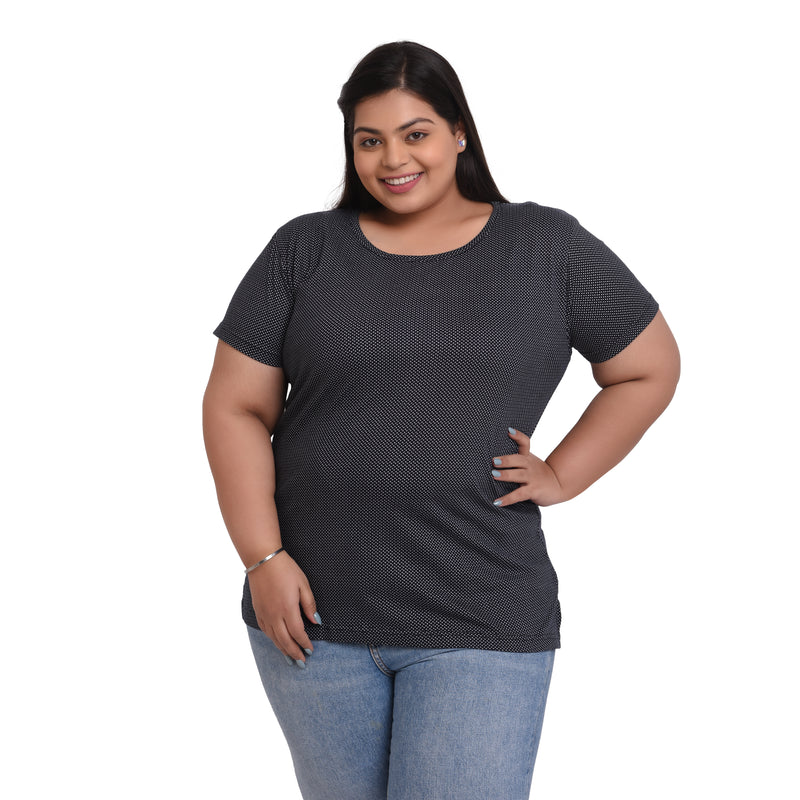 Women Cotton Round Neck Plus Size T-shirt | POLKA DOTS PRINT , front view