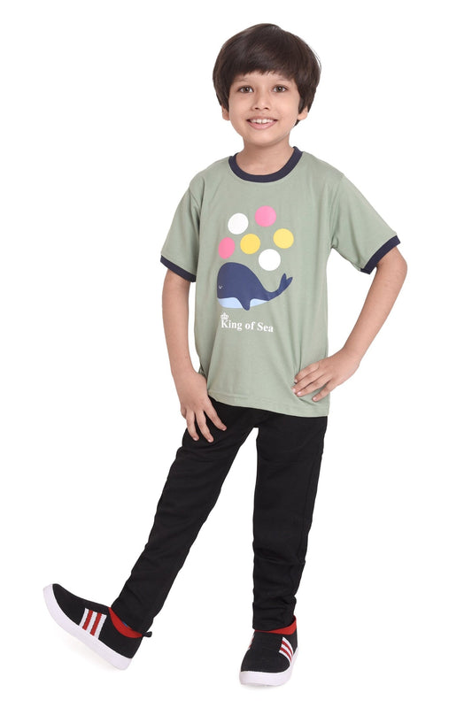 Kids Unisex Round Neck Printed Cotton T-shirt with KING OF SEA and and a photo of whale printed, front view