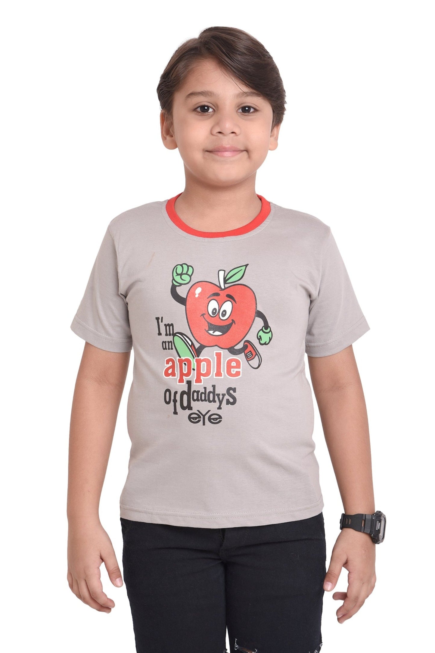 Kids Unisex Round Neck Printed Cotton T-shirt with I'M AN APPLE OF DADDY'S EYE print, front view