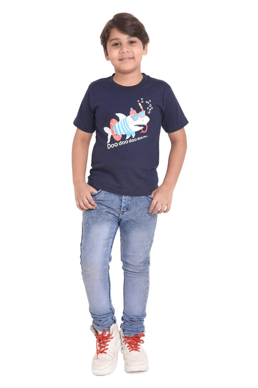 Kids Unisex Round Neck Printed Cotton T-shirt with SHARK print, front view