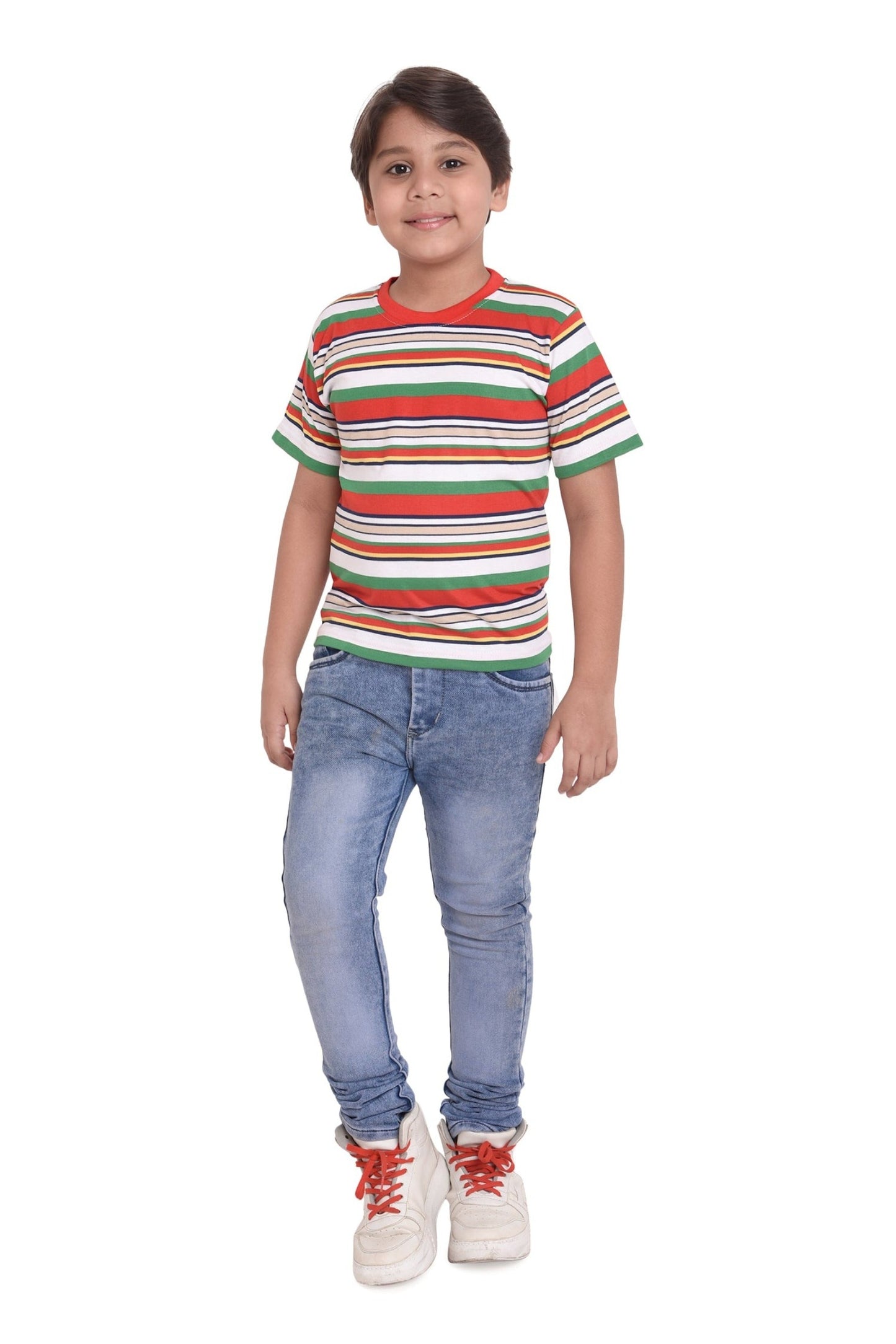 Boys Round Neck Cotton Striped T-Shirt, front view