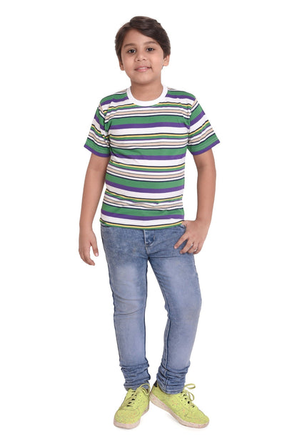 Boys Round Neck Cotton Striped T-Shirt, frint view