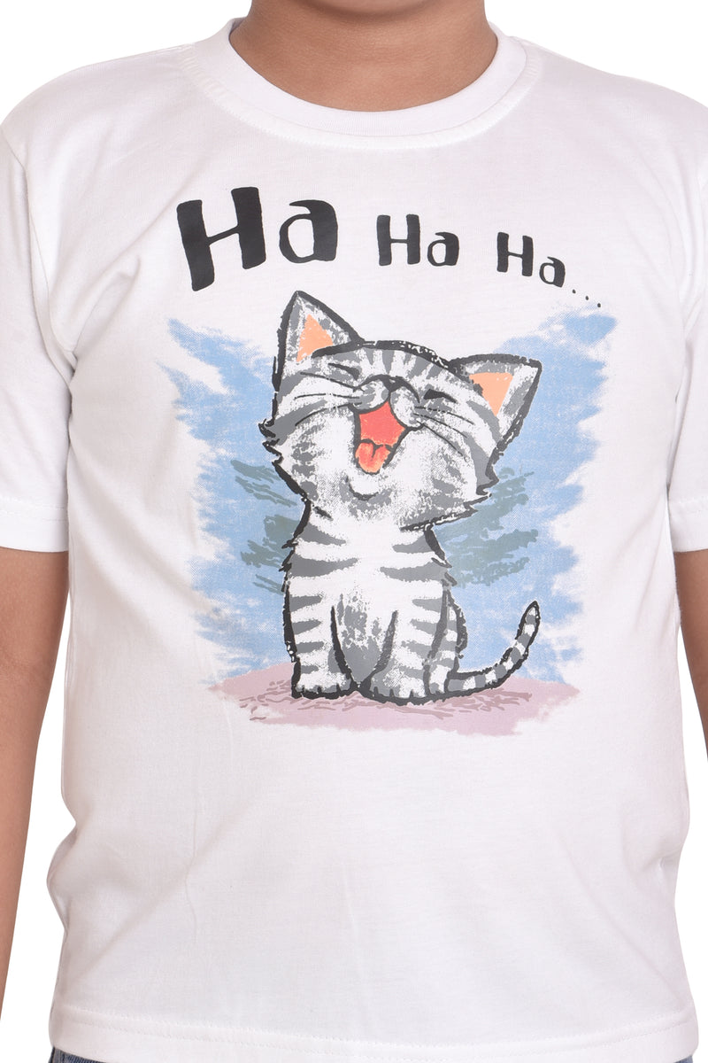 NEO GARMENTS Kids Unisex Round Neck Printed Cotton T-shirt - CAT Ha Ha Ha | SIZE FROM 1 YRS TO 7 YRS.