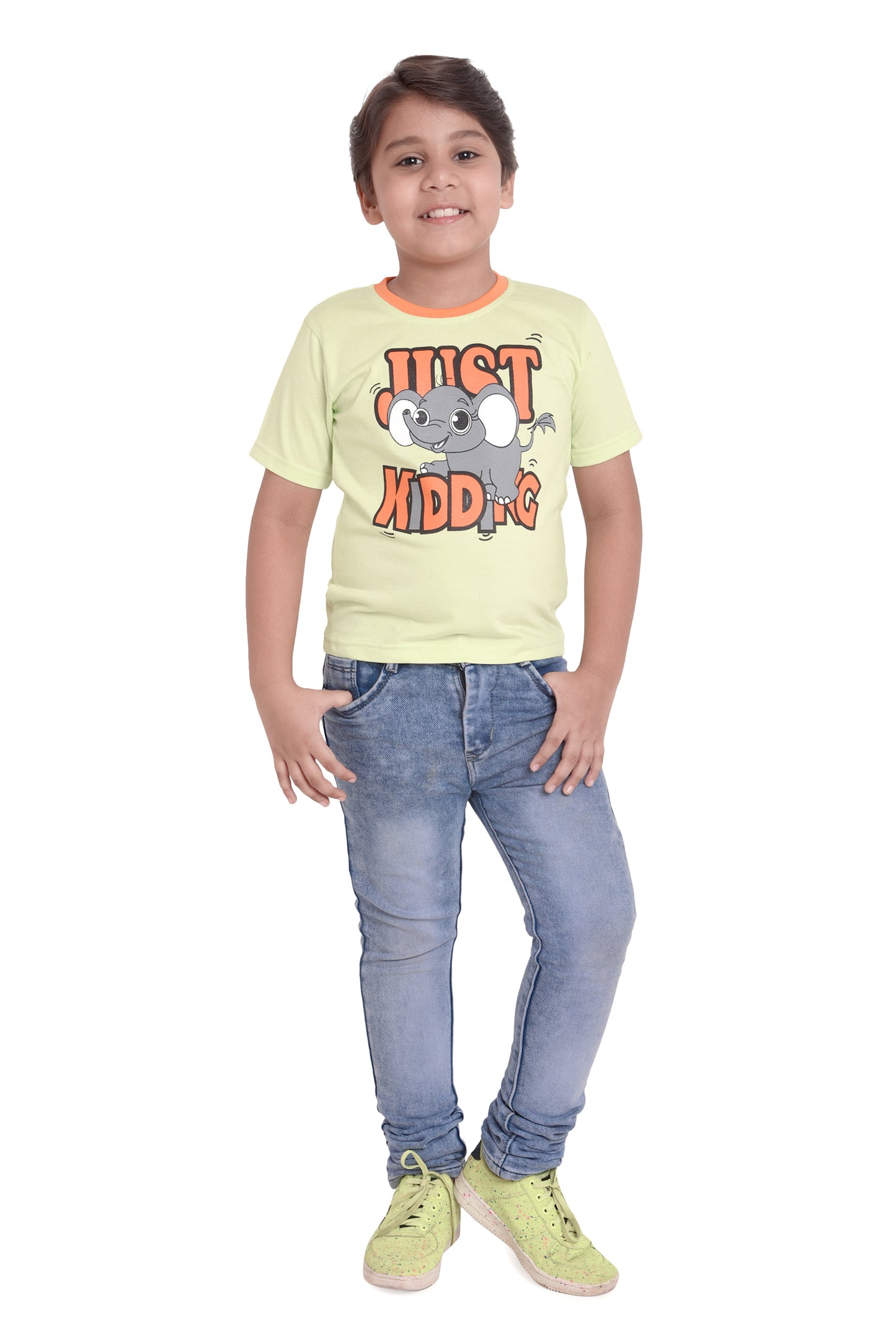 NEO GARMENTS Kids Unisex Round Neck Printed Cotton T-shirt - JUST KIDDING | SIZE FROM 1 YRS TO 7 YRS.