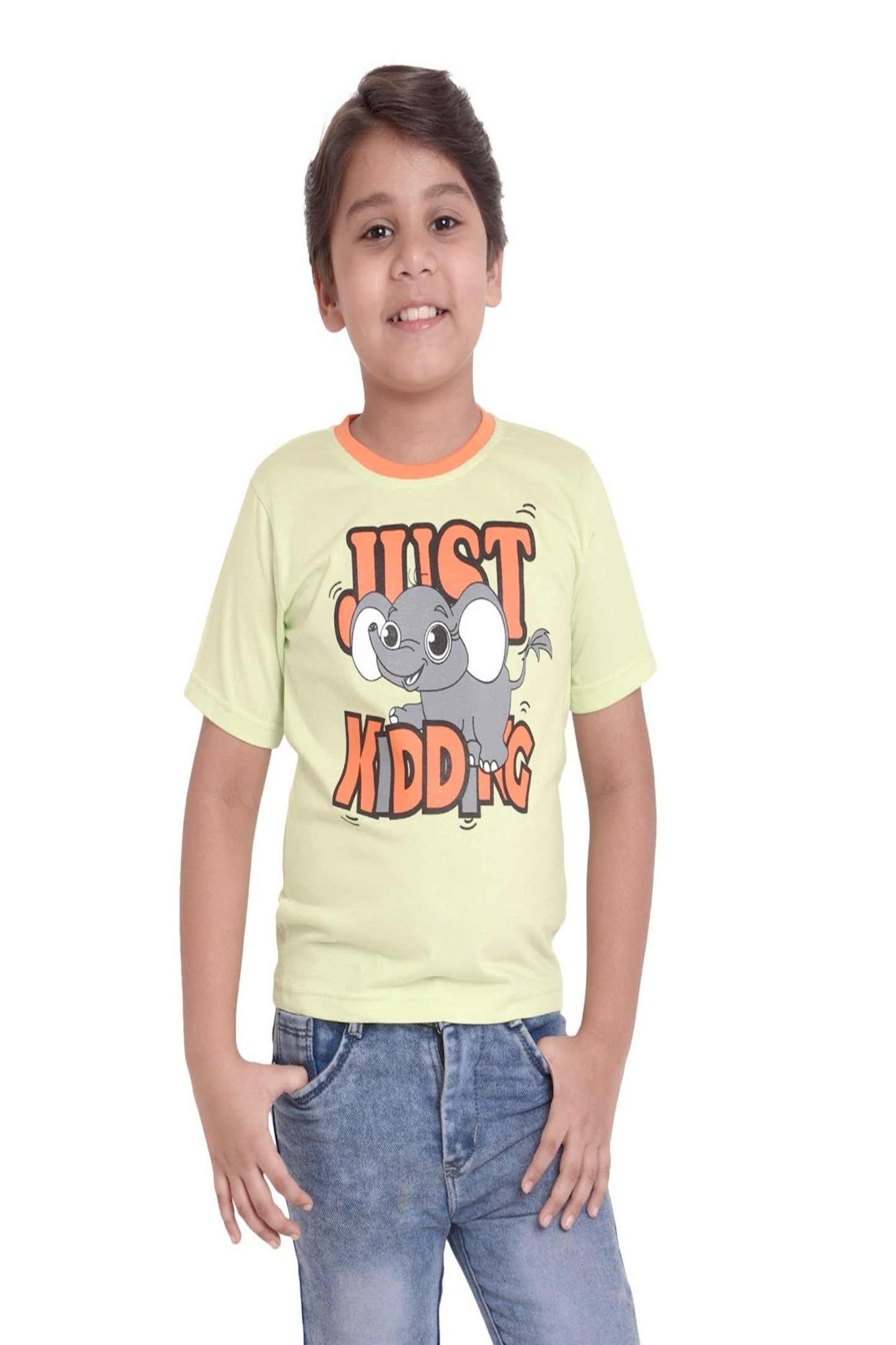 Kids Unisex Round Neck Printed Cotton T-shirt - JUST KIDDING print, front view
