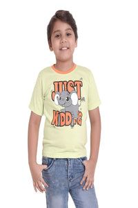 Kids Unisex Round Neck Printed Cotton T-shirt - JUST KIDDING print, front view