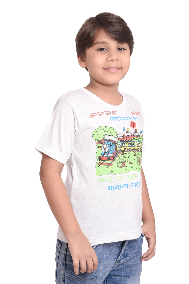 NEO GARMENTS Kids Unisex Round Neck Printed Cotton T-shirt - मामाच्या गावाला जाऊया | SIZE FROM 1 YRS TO 7 YRS.