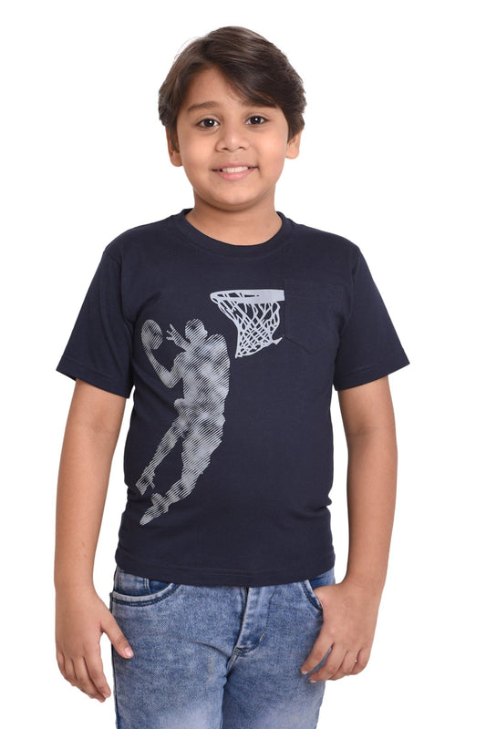 Boys Cotton Collar Neck Half sleeves T-Shirt basket ball, front view