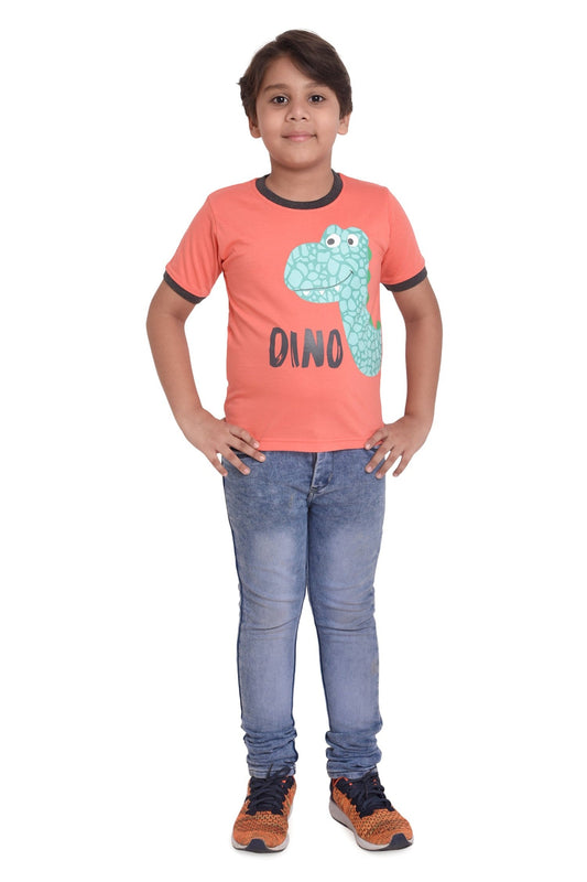 Kids Unisex Round Neck Printed Cotton T-shirt  DINO print, front view