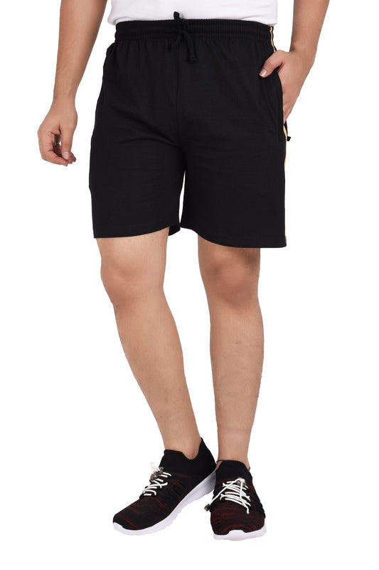 Men’s Cotton Stripped Chain Pockets Long Shorts. | BLACK , front view