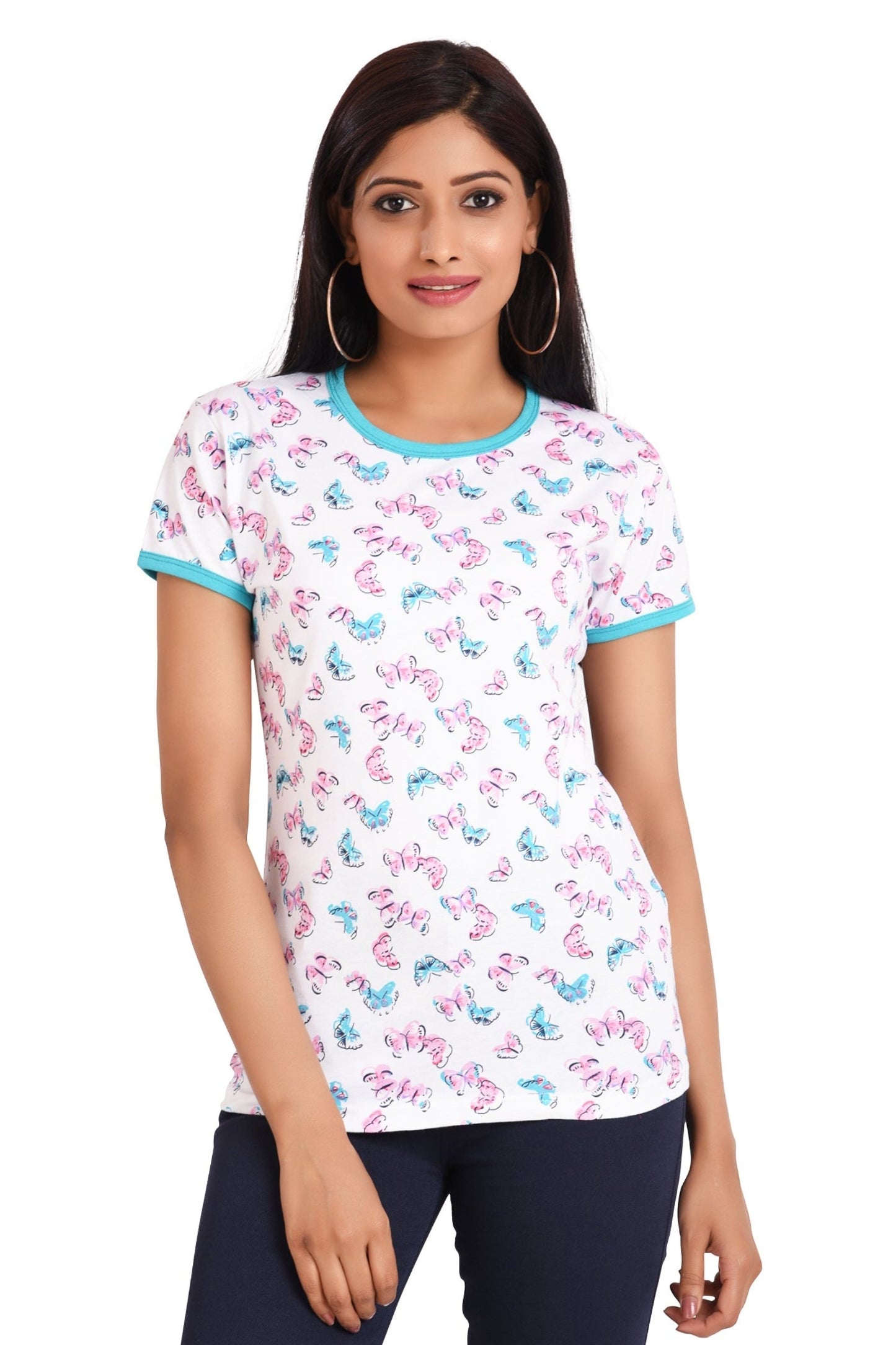 Women's Cotton Round Neck PLUS size T-shirt - BUTTERFLY , front view