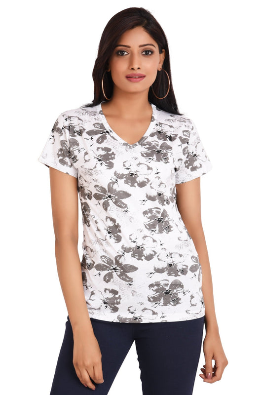 Women's Cotton Round Neck PLUS size All Over Print T-shirt | FLOWERS , front view