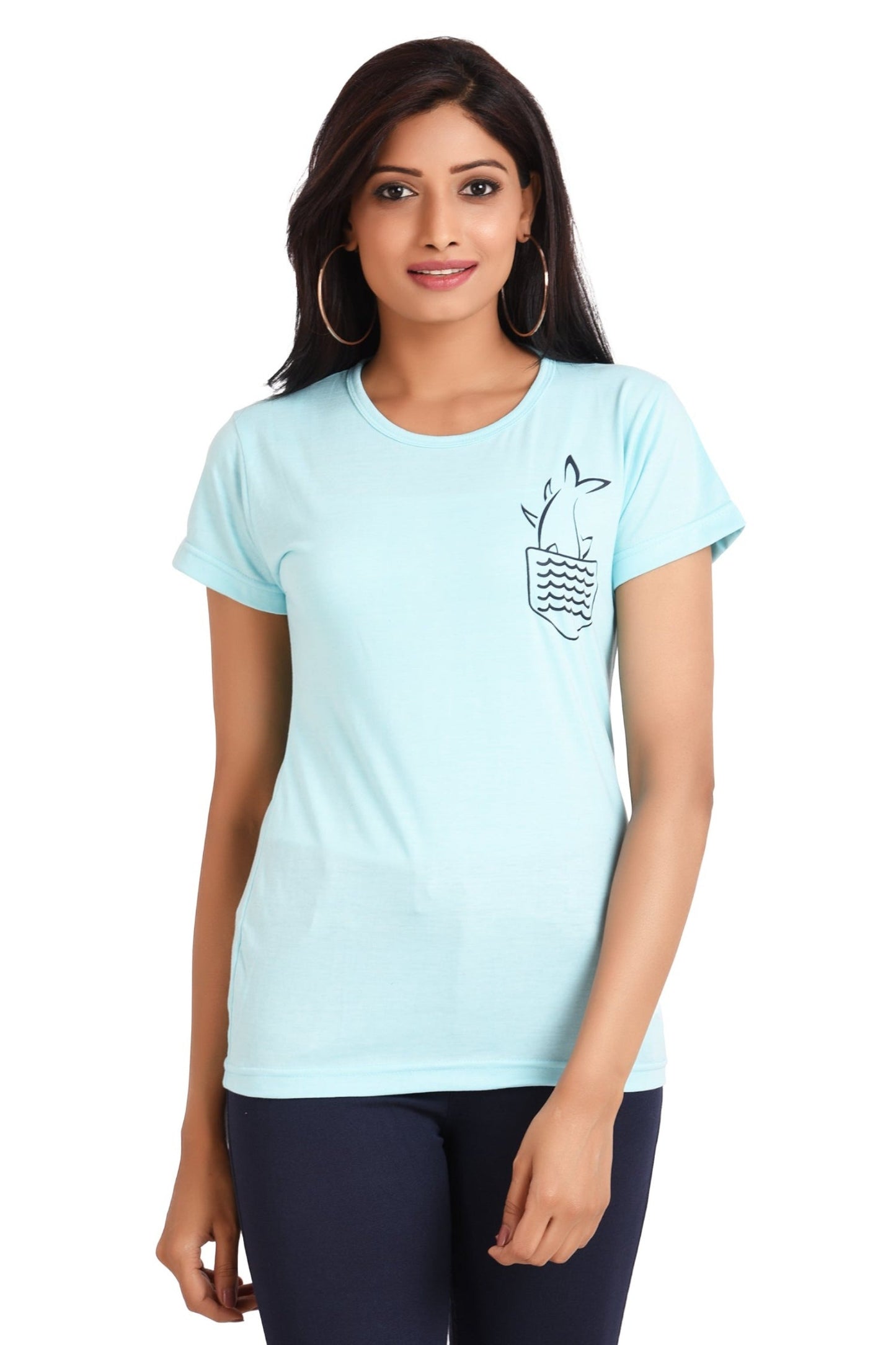 Women's Cotton Round Neck Plus T-shirt - FISH , front view