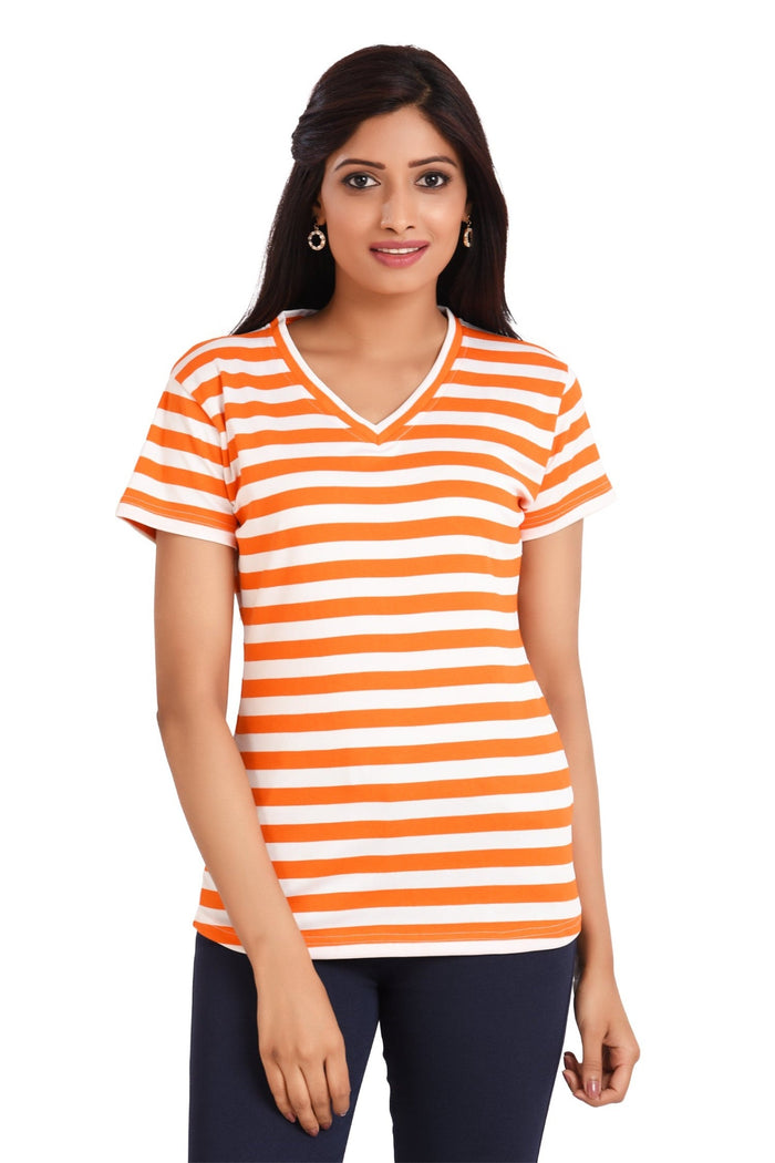 NEO GARMENTS Women's Polyester Slim Fit V Neck Stripe T-shirt. | SIZES - S - 32" TO 3XL - 42"