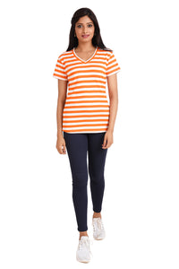 NEO GARMENTS Women's Polyester Slim Fit V Neck Stripe T-shirt. | SIZES - S - 32" TO 3XL - 42"