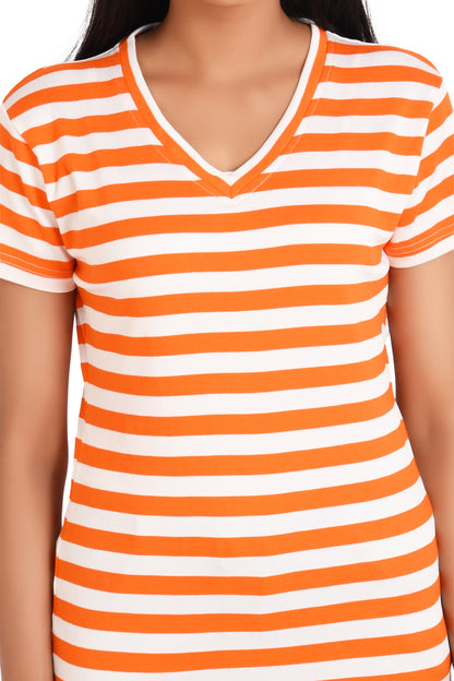 NEO GARMENTS Women's Polyester Slim Fit V Neck Stripe T-shirt. | SIZES - S - 32" TO 3XL - 42"