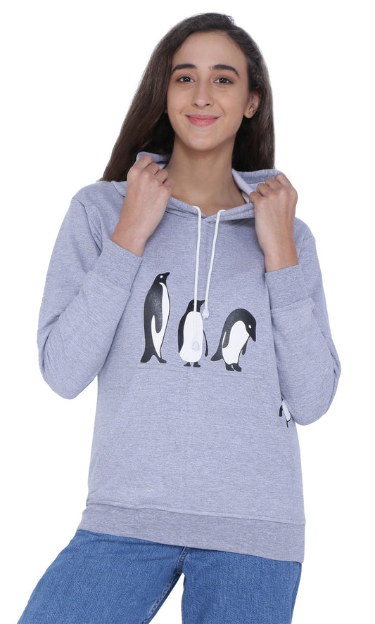Women's Cotton Fashion Hooded Pullover Sweatshirt with Kangaroo Pockets | PENGUIN | GREY  , front view